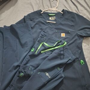 Carhartt Dark Blue and Lime Green Scrub Set